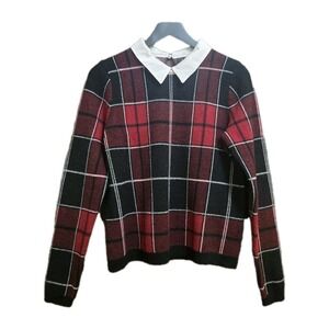 Tahari Womens Red Black Plaid Collared Knit Sweater Pearl Button Size L Holiday